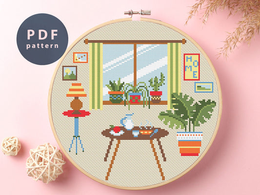 Plants And Window Cross Stitch Pattern: Cozy Room Interior (PDF Pattern)