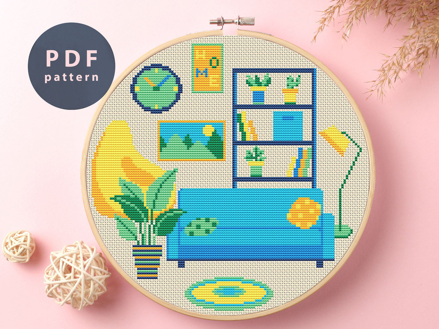 Blue Sofa Cross Stitch Pattern: Modern Home Interior (PDF Pattern)