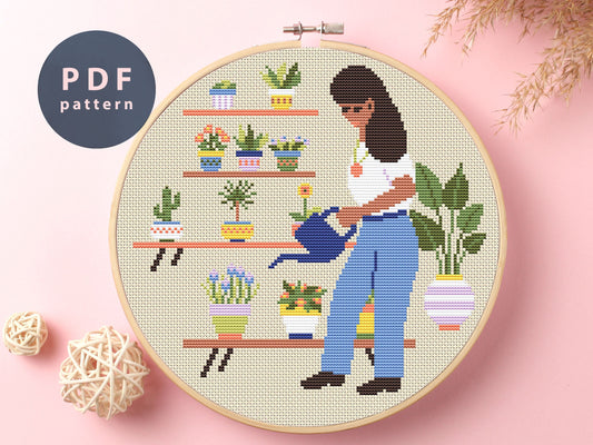 Girl With Plants Cross Stitch Pattern: Modern Embroidery (PDF Pattern)