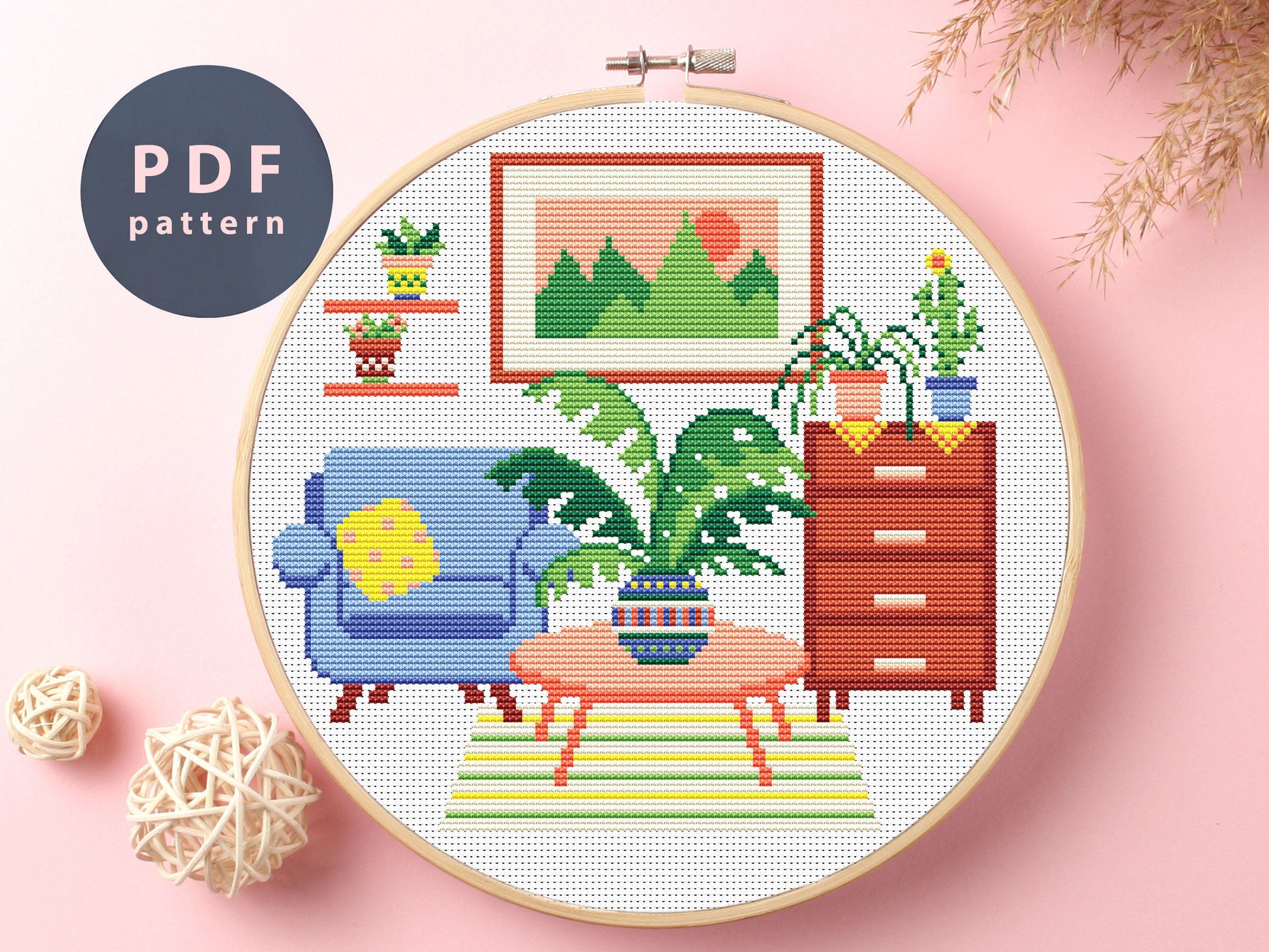 Blue Chair Cross Stitch Pattern: Home Interior Design (PDF Pattern)