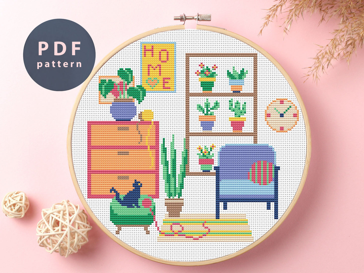 Sweet Home Cross Stitch Pattern: Cozy Room Interior (PDF Pattern)