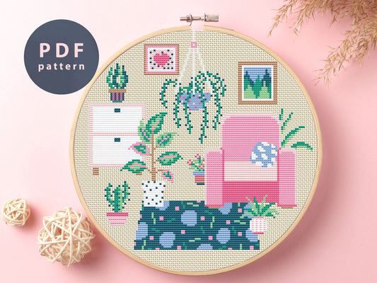 Home Plants Cross Stitch Pattern | Modern Interior Design (PDF Pattern)