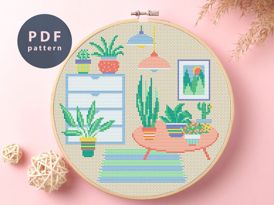 Salmon Coffee Table Cross Stitch Pattern: Home Plants (PDF Pattern)