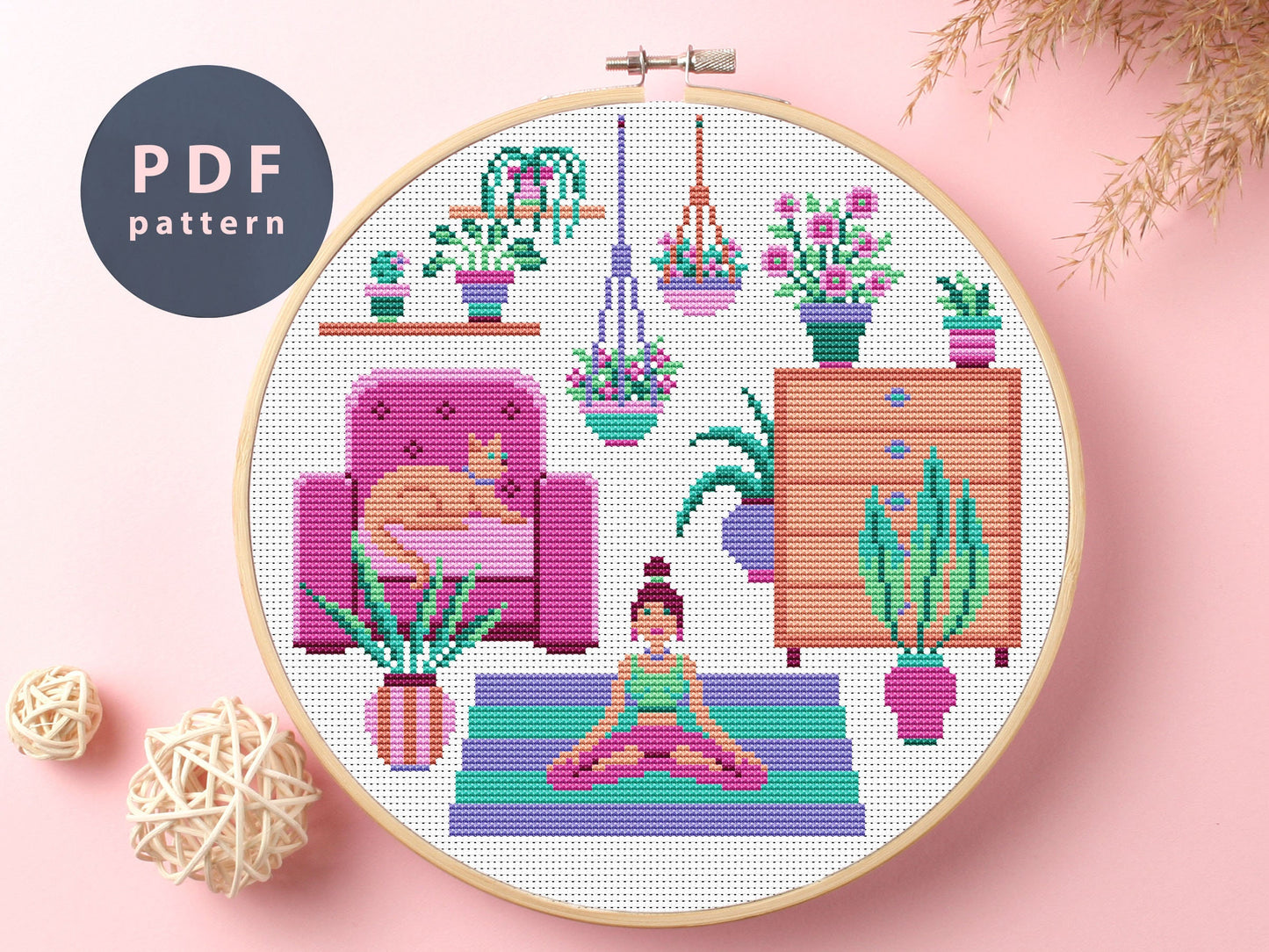 Home Yoga Cross Stitch Pattern: Modern Embroidery (PDF Pattern)