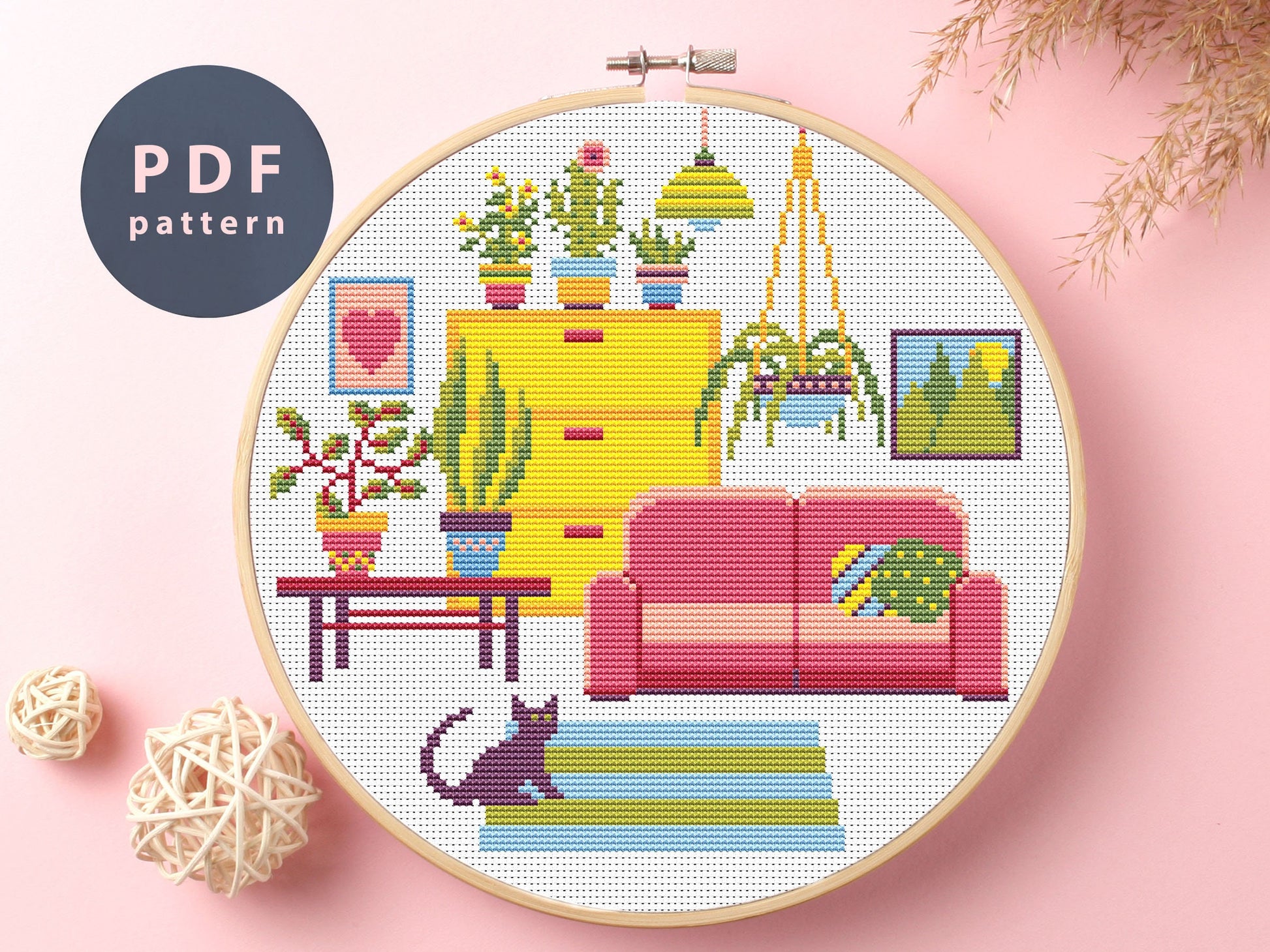 Cat and Pink Sofa Cross Stitch Pattern: Modern Home Decor (PDF Pattern)