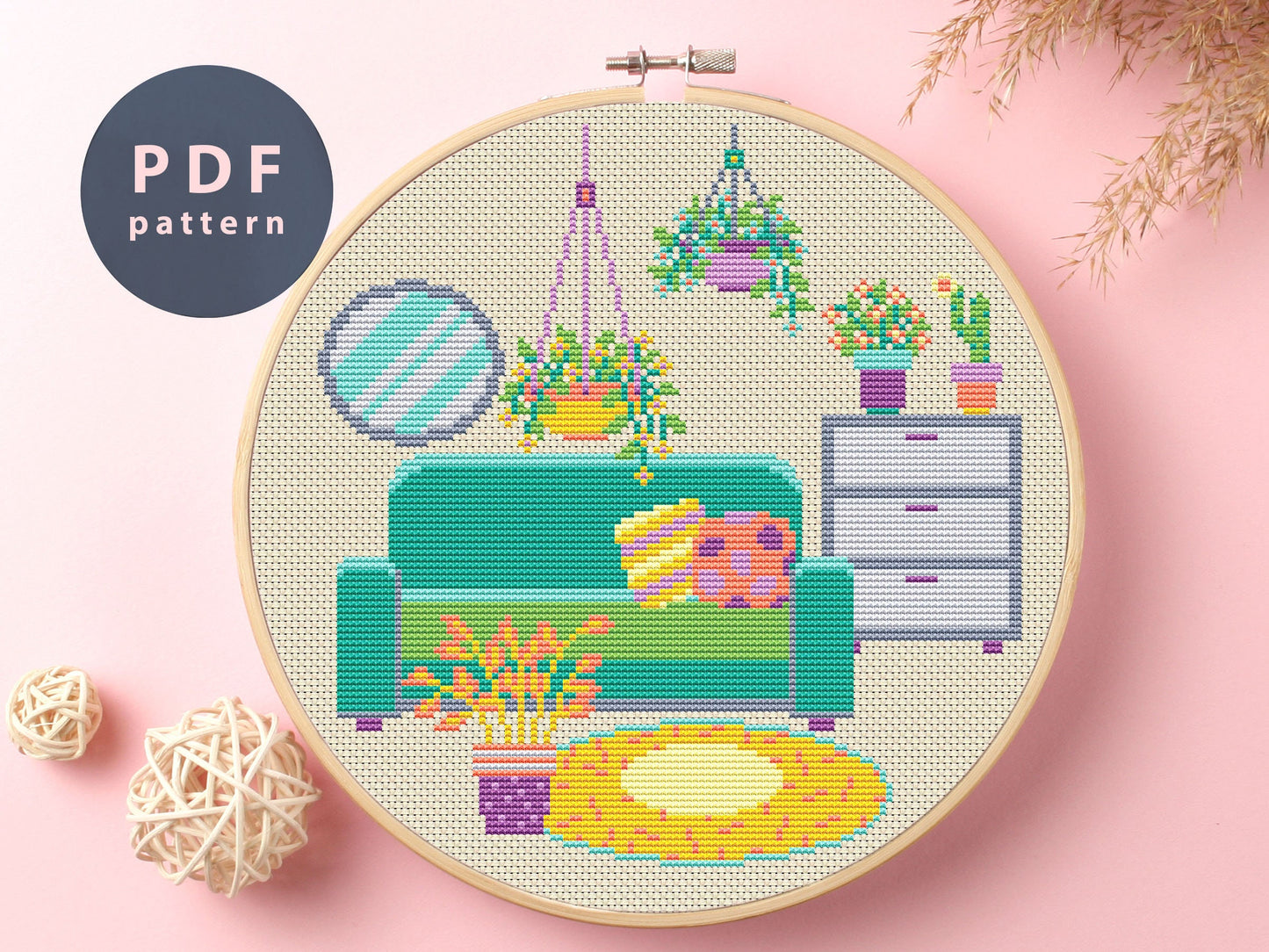 Plants and Mirror Cross Stitch Pattern: Retro Home Decor (PDF Pattern)