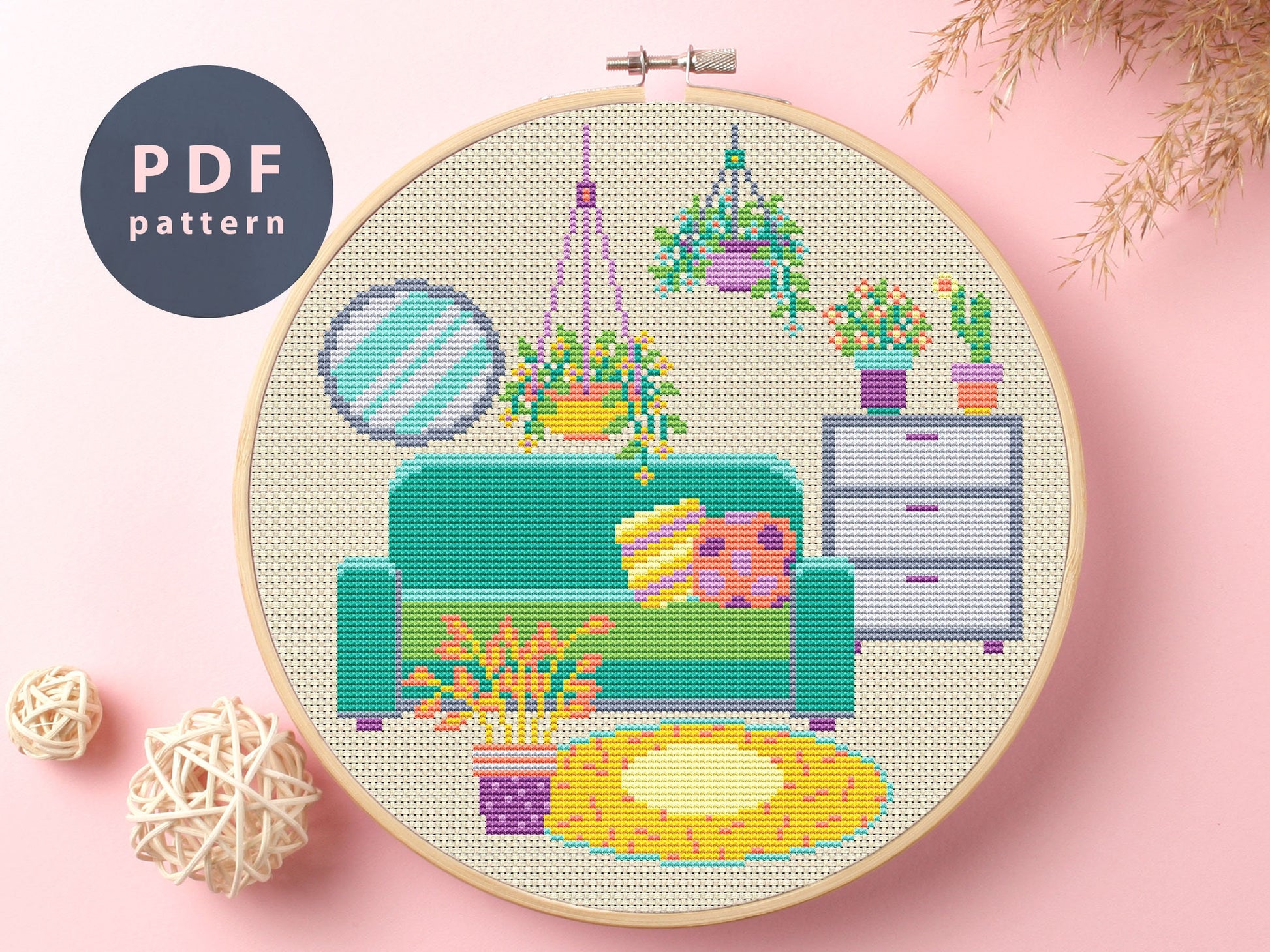 Plants and Mirror Cross Stitch Pattern: Retro Home Decor (PDF Pattern)