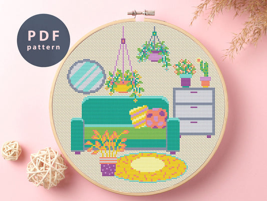 Plants and Mirror Cross Stitch Pattern: Retro Home Decor (PDF Pattern)