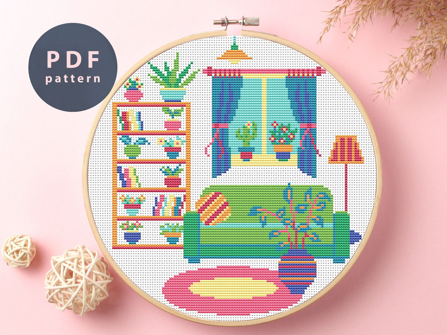 Green Sofa Cross Stitch Pattern: Homy Room Interior (PDF Pattern)