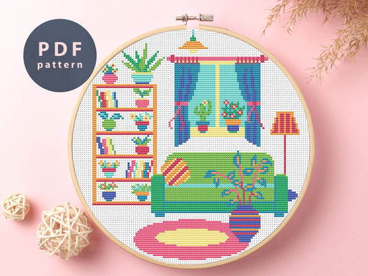 Green Sofa Cross Stitch Pattern: Homy Room Interior (PDF Pattern)