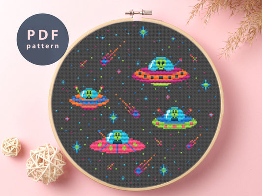 Aliens Cross Stitch Pattern: Colorful UFO Design (Digital Download)
