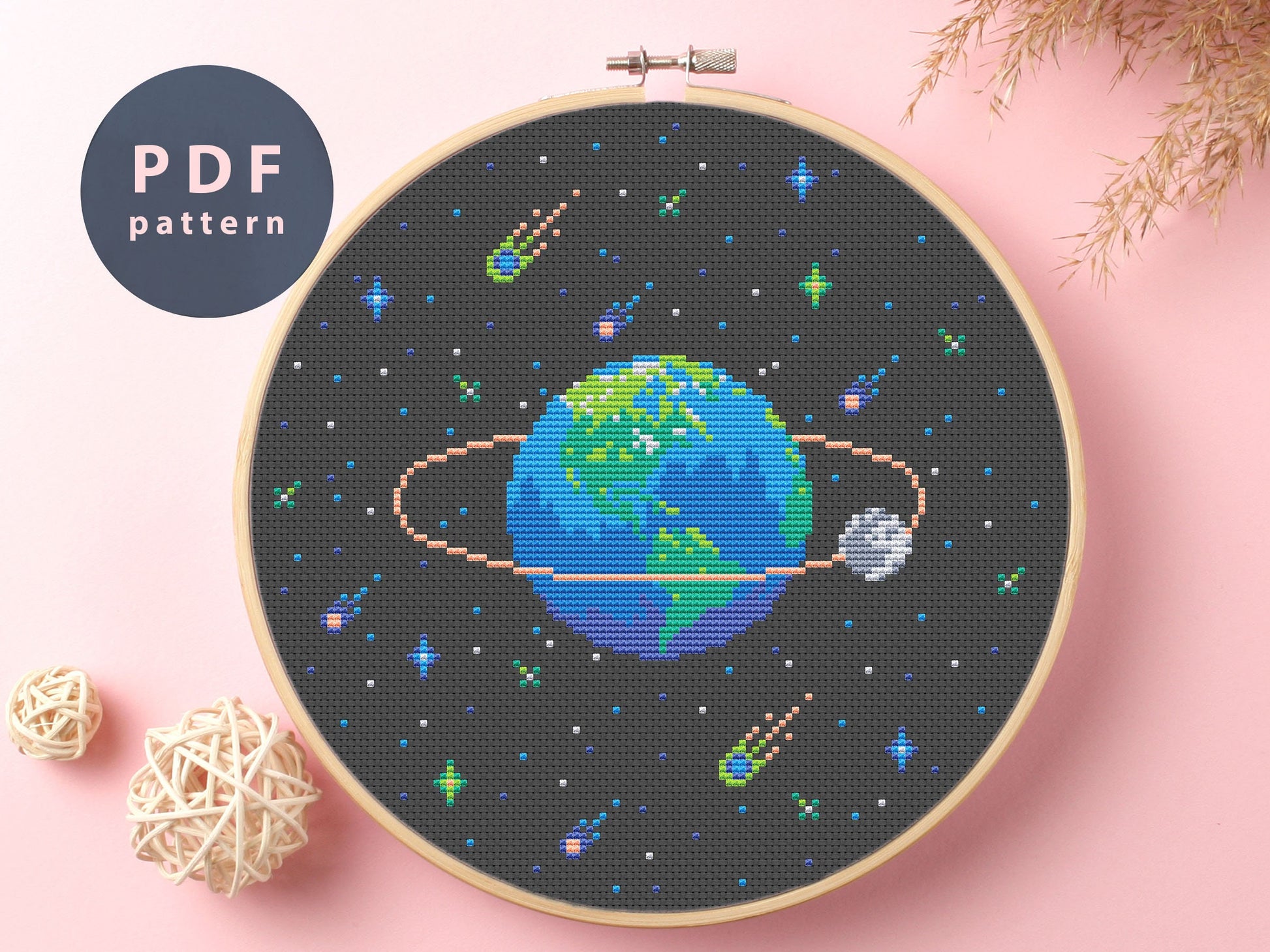 Earth and Moon Cross Stitch Pattern: Galaxy Space Fantasy (PDF Pattern)