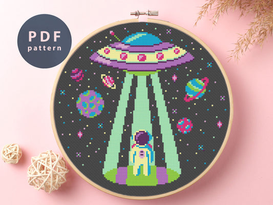 UFO Abduction Cross Stitch Pattern: Astronaut & Galaxy (PDF Pattern)