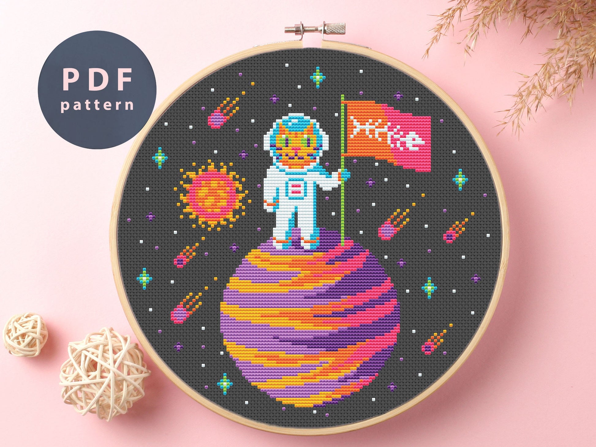 Cat Astronaut Cross Stitch Pattern: Galaxy Space (PDF Pattern)