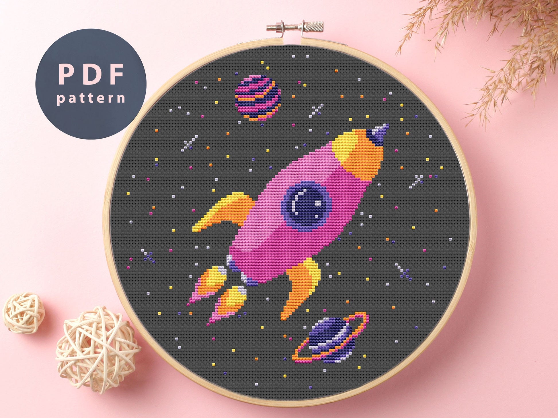 Rocket Cross Stitch Pattern: Space Fantasy, Moon, Stars (PDF Pattern)