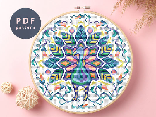 Folk Peacock Cross Stitch Pattern: Cottagecore Ornament (PDF Pattern)