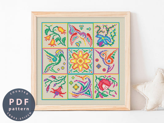 Modern Folk Cross Stitch Pattern: Birds and Flowers (Digital Download)