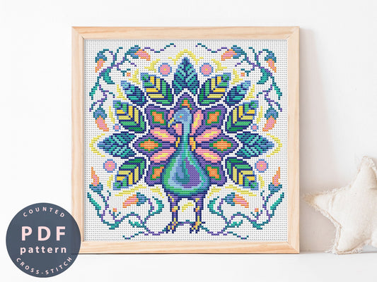 Modern Folk Peacock Cross Stitch Pattern: Colorful Bird Embroidery (PDF Pattern)