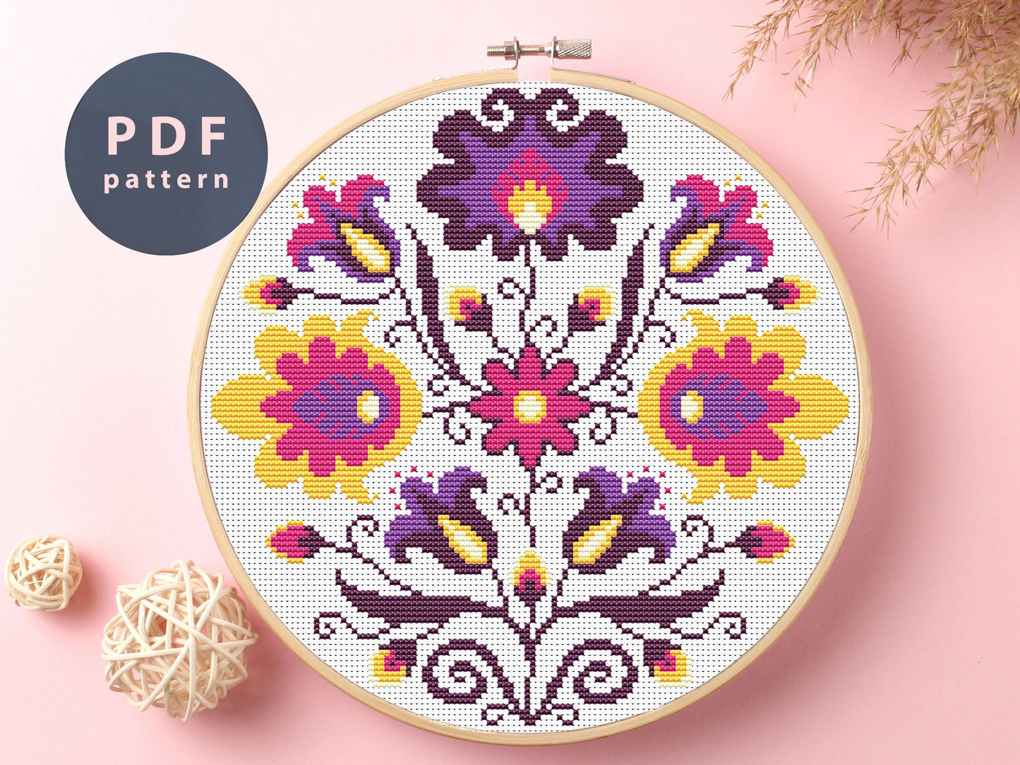Etno Flowers Cross Stitch Pattern: Floral Ornament (PDF Pattern)