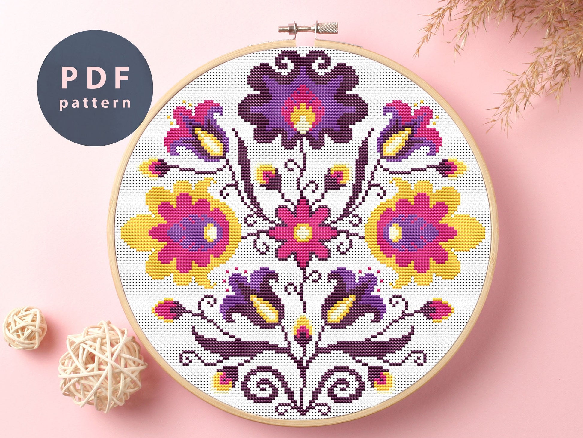 Etno Flowers Cross Stitch Pattern: Floral Ornament (PDF Pattern)