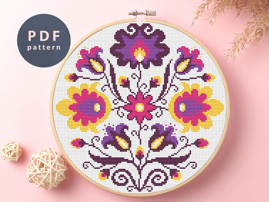 Etno Flowers Cross Stitch Pattern: Floral Ornament (PDF Pattern)