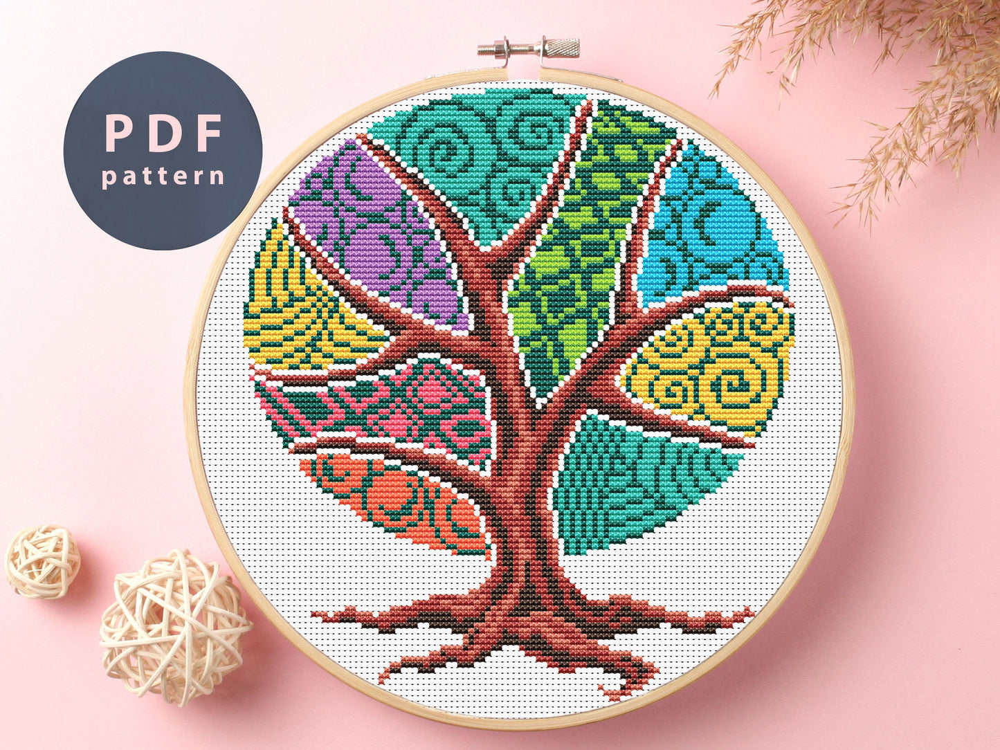 Folk Tree Cross Stitch Pattern: Colorful Fall Decor (Digital Download)
