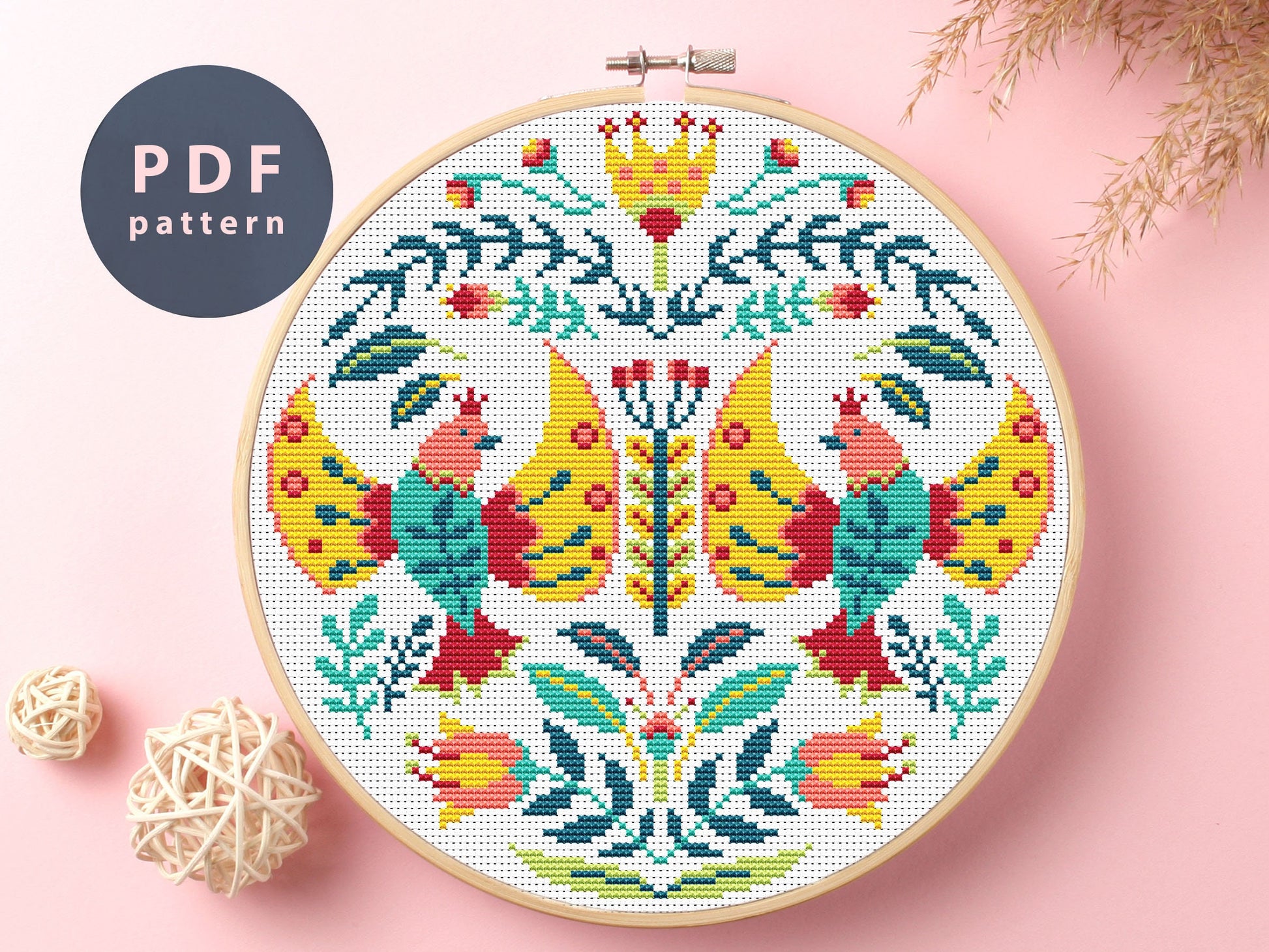 Dancing Birds Cross Stitch Pattern: Floral Folk Art (Digital Download)