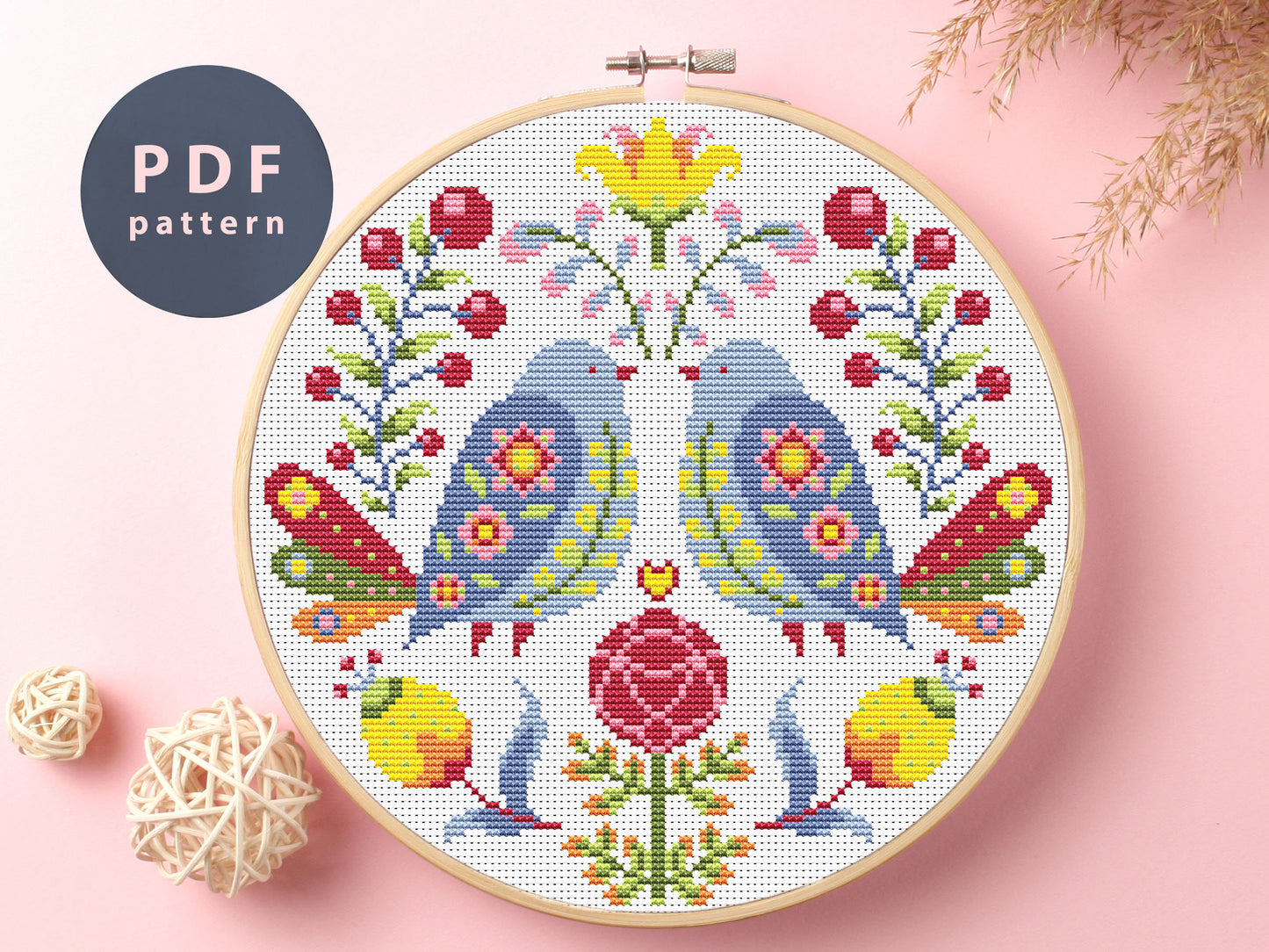 Birds Cross Stitch Pattern: Folk Art Ornament (Digital Download)