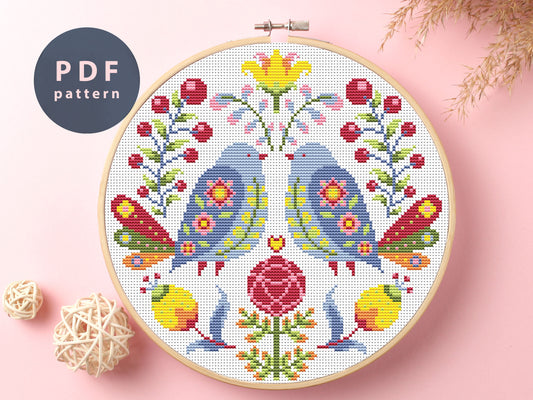Birds Cross Stitch Pattern: Folk Art Ornament (Digital Download)