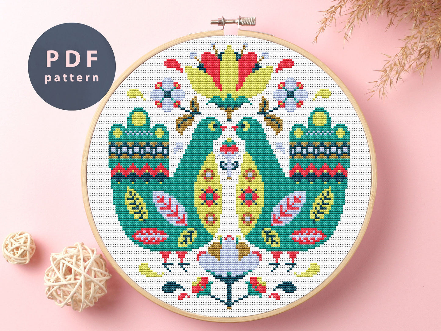 Bird Duet Cross Stitch Pattern: Folk Art Home Decor (PDF Pattern)