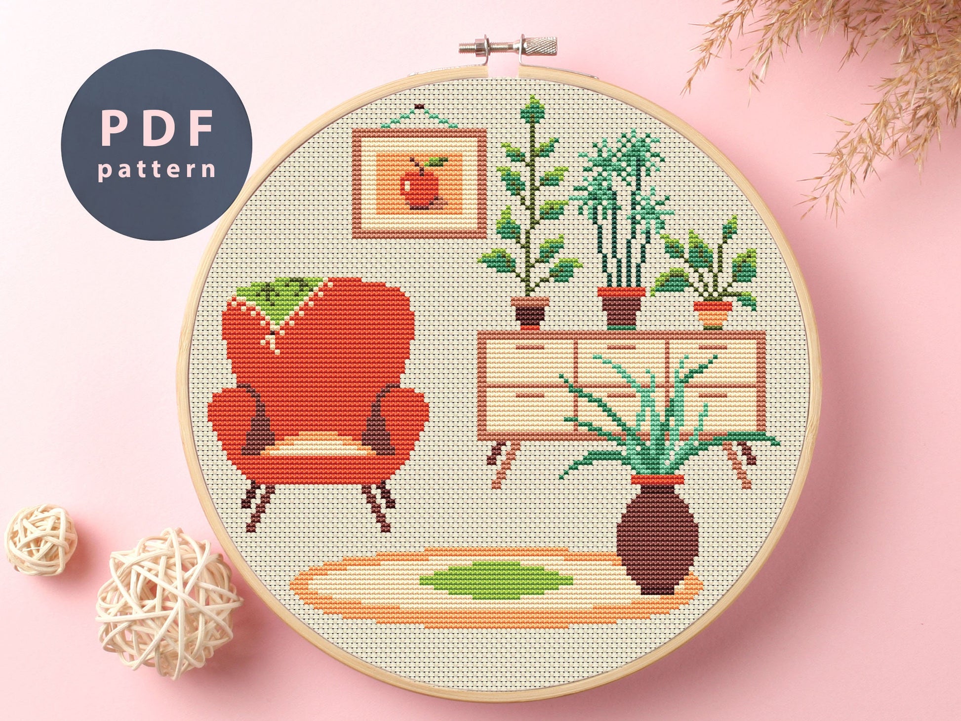Cozy Room Cross Stitch Pattern: Retro Home Interior (PDF Pattern)