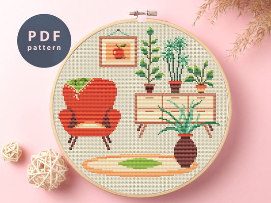 Cozy Room Cross Stitch Pattern: Retro Home Interior (PDF Pattern)