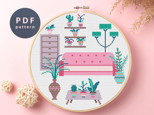Pink Sofa Cross Stitch Pattern: Homy Room Decor (PDF Pattern)