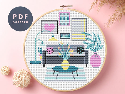 Grey Sofa Cross Stitch Pattern: Retro Home Decor (PDF Pattern)