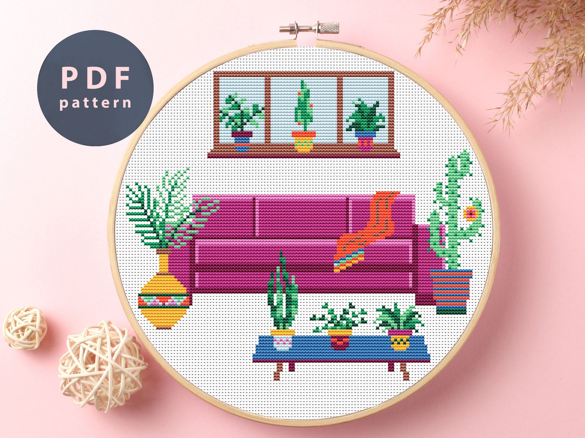 Cross Stitch Pattern Fuchsia Sofa, Modern Embroidery, Contemporary, Inspirational, Retro, Homy Room, Cozy Room