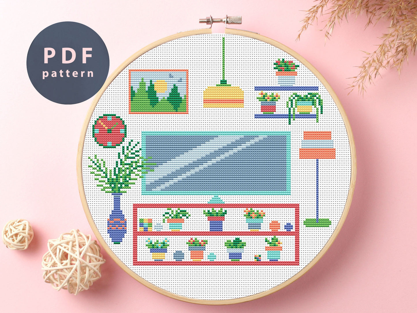 Plants and TV Cross Stitch Pattern: Retro Home Decor (PDF Pattern)
