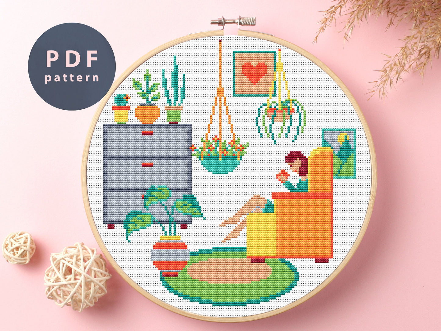 Sitting In The Chair Cross Stitch Pattern: Modern Home Plants (PDF Pattern)