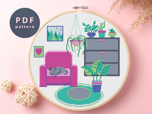 Plants In Interior Cross Stitch Pattern: Modern Home Decor (PDF Pattern)