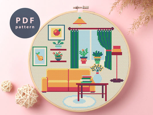 Green Curtains Cross Stitch Pattern: Modern Home Decor (PDF Pattern)