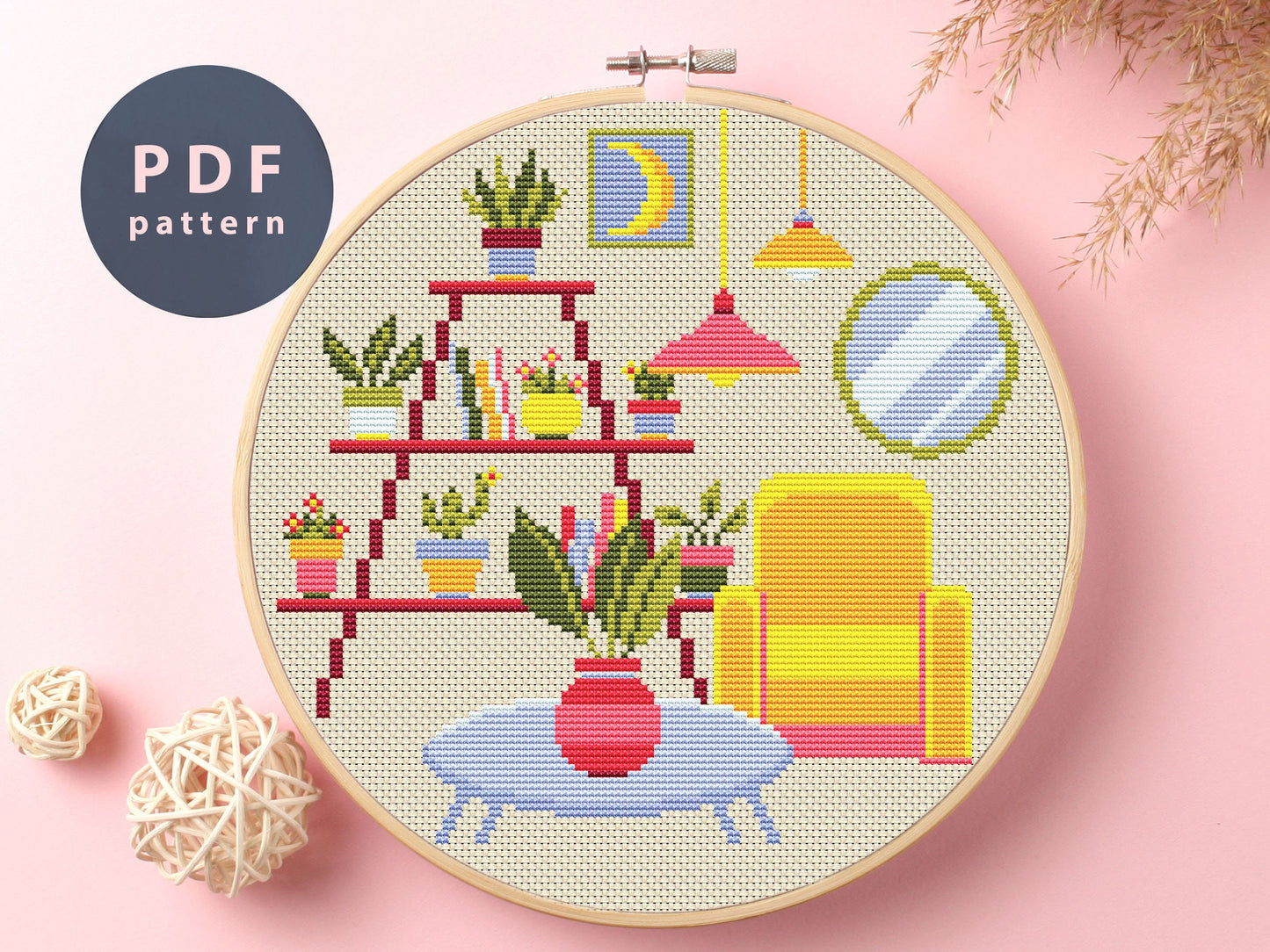 Yellow Chair Cross Stitch Pattern: Retro Room Interior (PDF Pattern)
