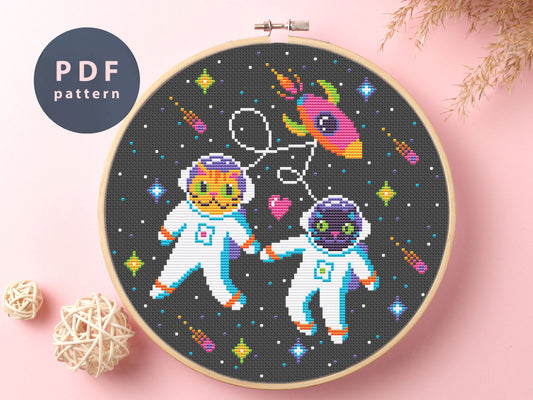 Cats Astronauts Cross Stitch Pattern: Galaxy Embroidery (PDF Pattern)