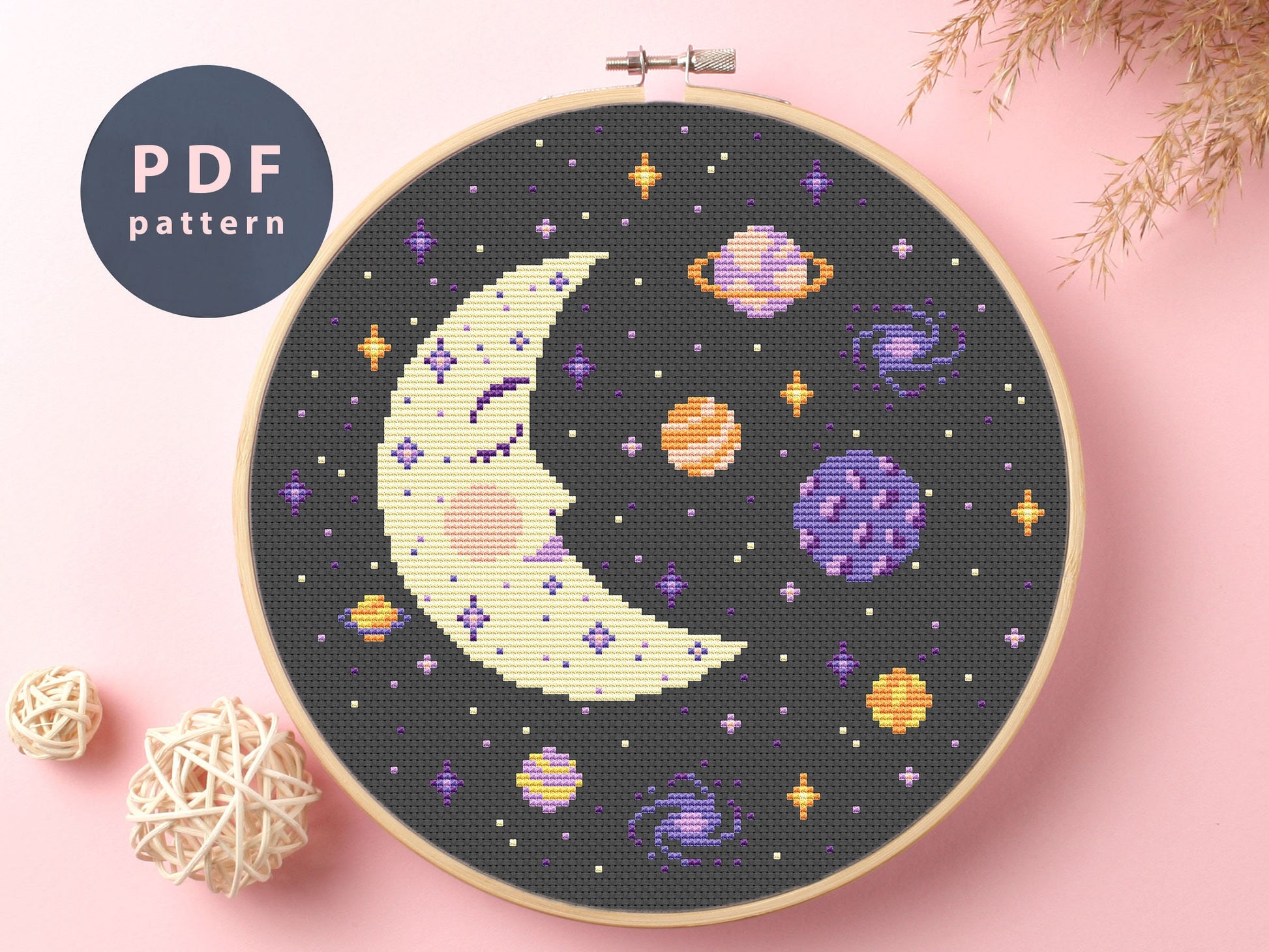Sleeping Moon Cross Stitch Pattern: Space Rocket, Stars (PDF Pattern)