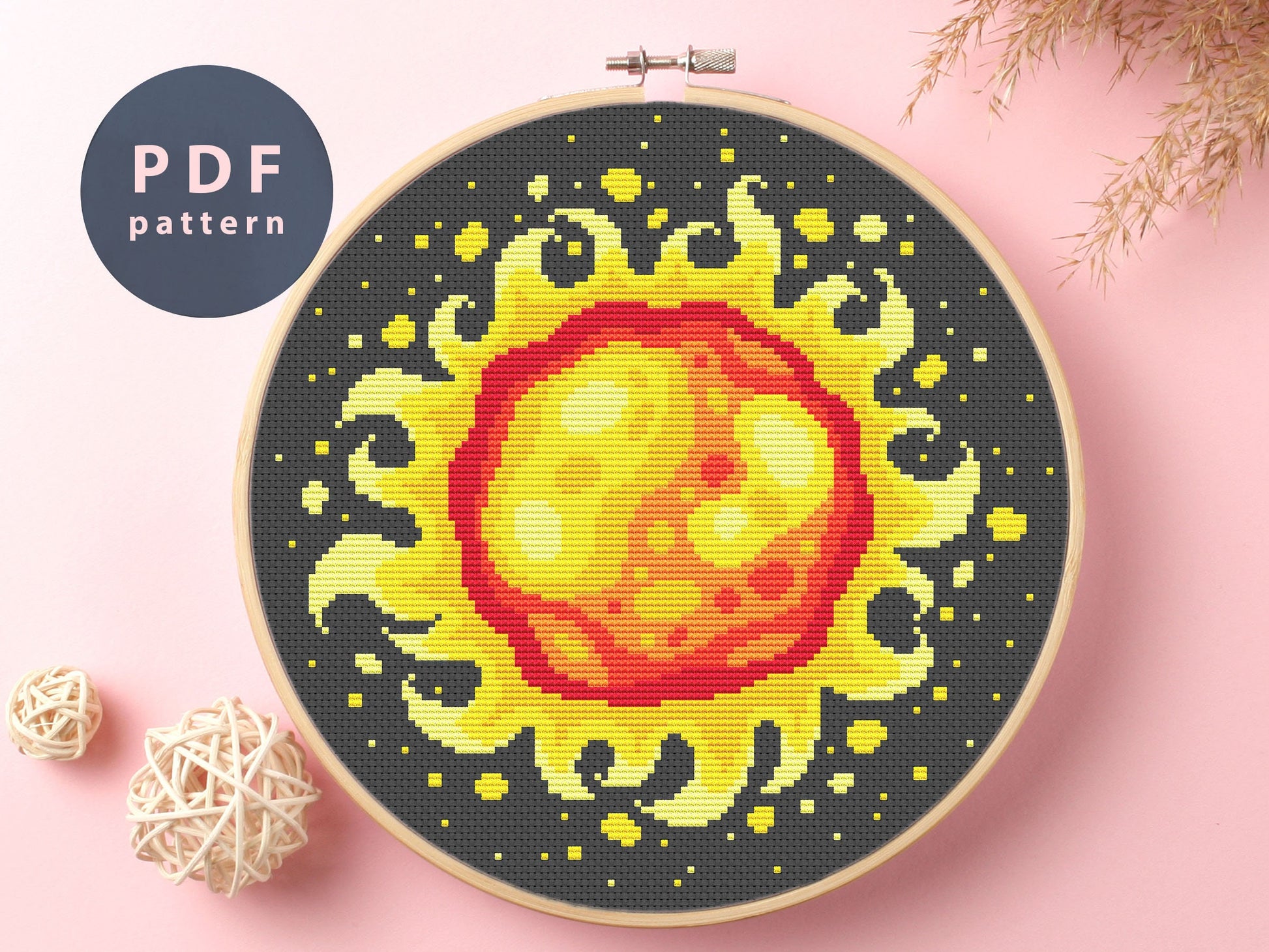 Sun Cross Stitch Pattern: Space Stars, Rocket (PDF Pattern)