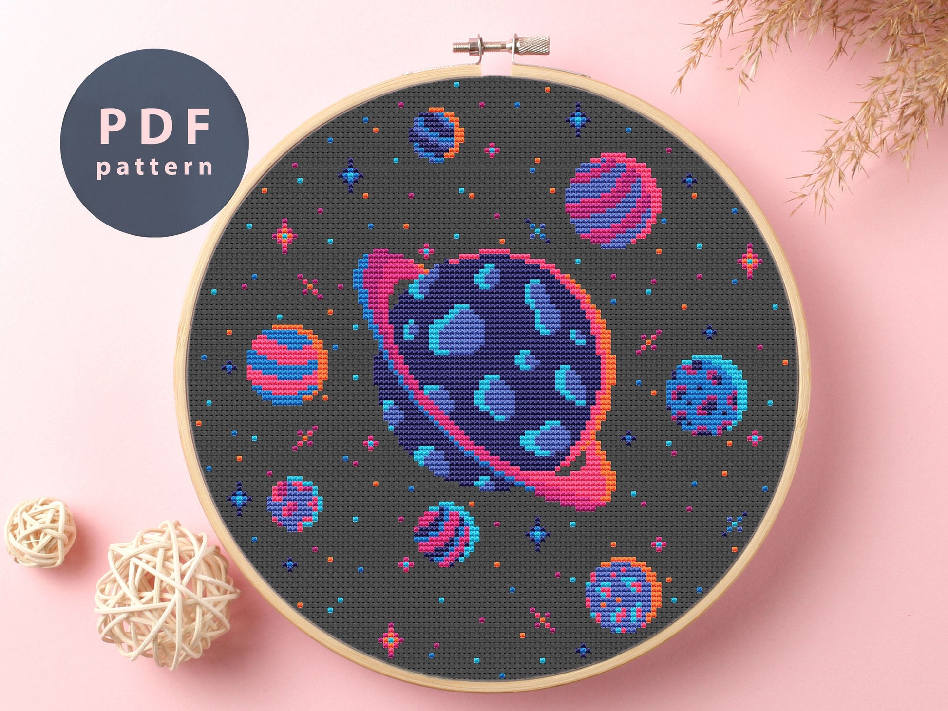 Neon Planets Cross Stitch Pattern: Galaxy Space (PDF Pattern)
