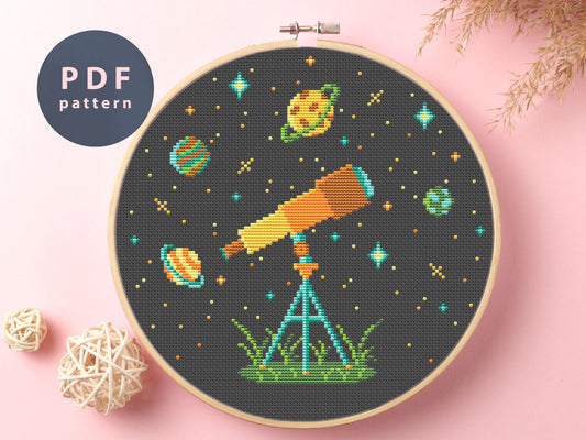 Telescope Cross Stitch Pattern: Solar System Cosmic Art (PDF Pattern)