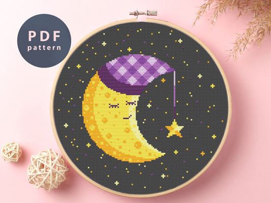 Sleeping Moon Cross Stitch Pattern: Space Fantasy (PDF Pattern)