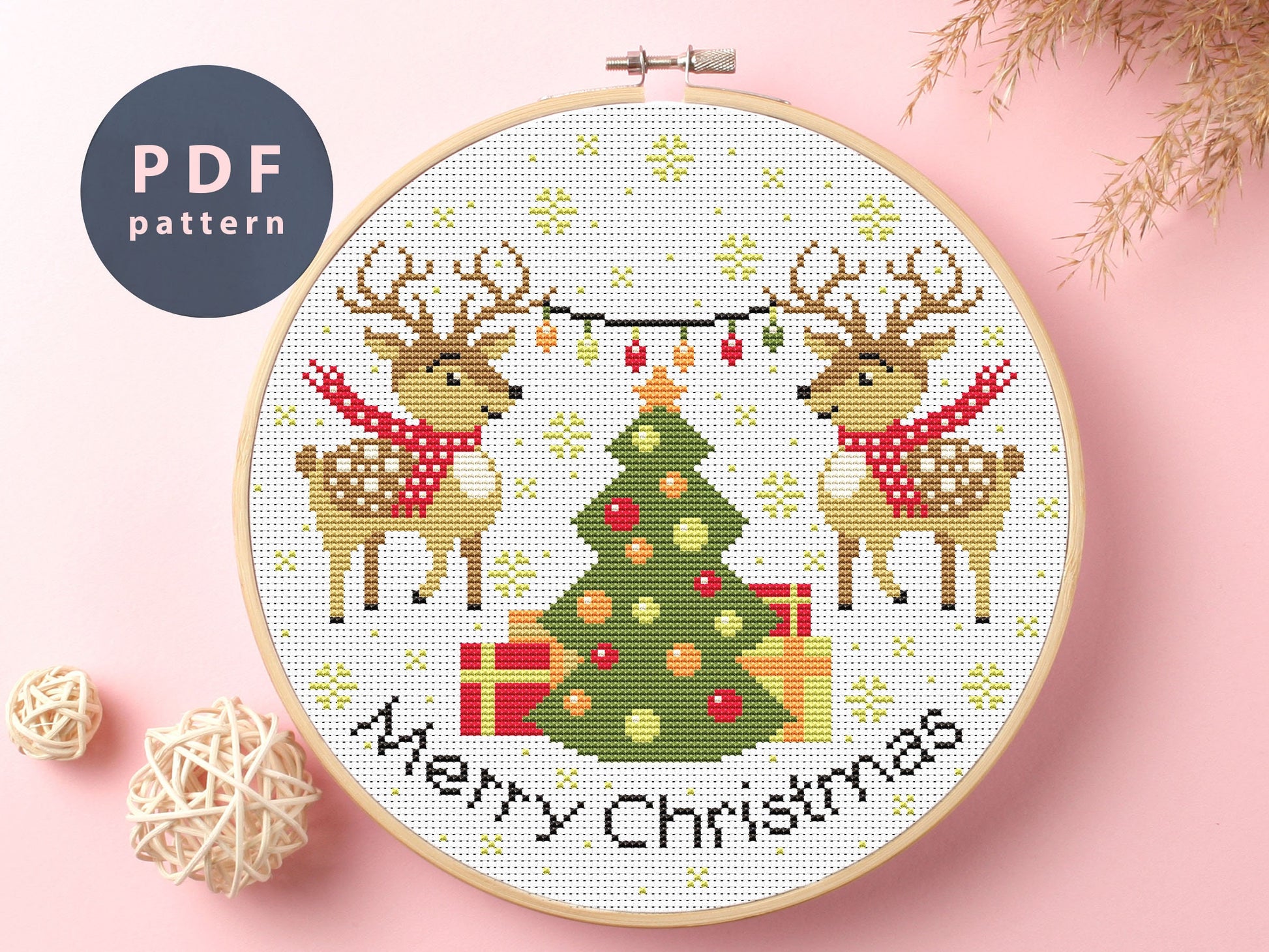 Deer Christmas Cross Stitch Pattern: Holiday Wreath (PDF Pattern)