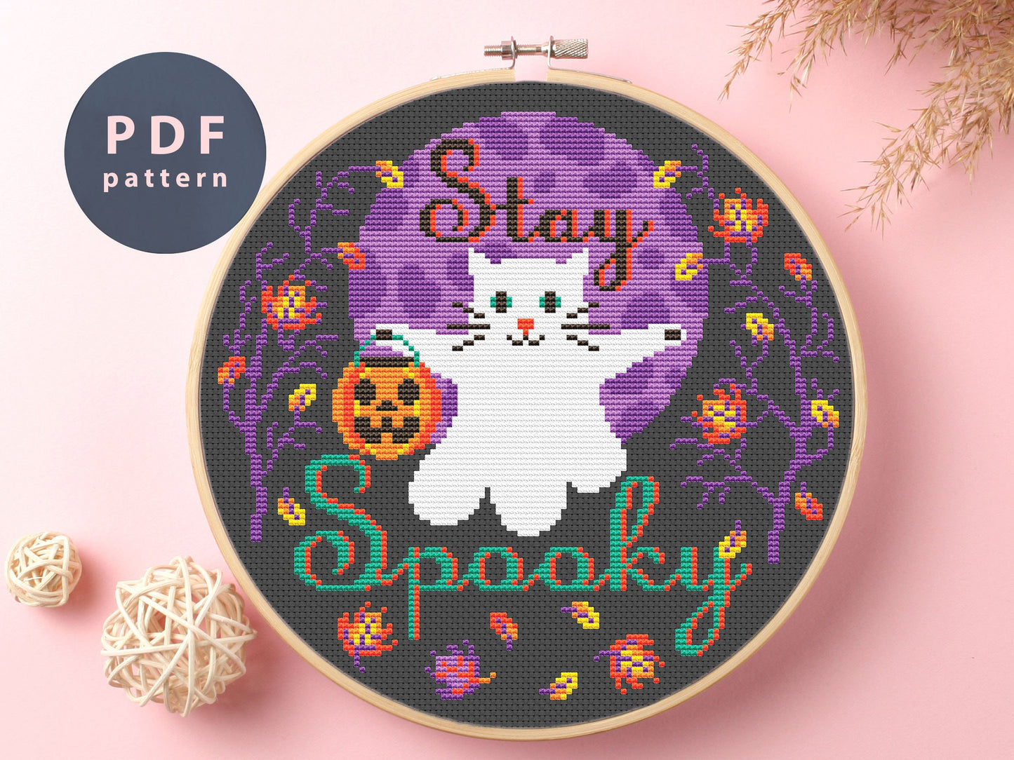 Stay Spooky Cross Stitch Pattern: Halloween Ghost Cat (Digital Download)