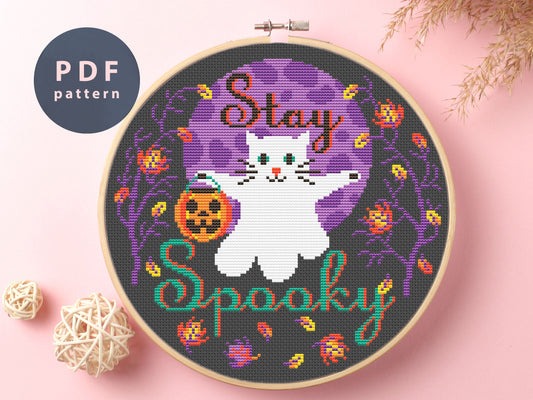 Stay Spooky Cross Stitch Pattern: Halloween Ghost Cat (Digital Download)