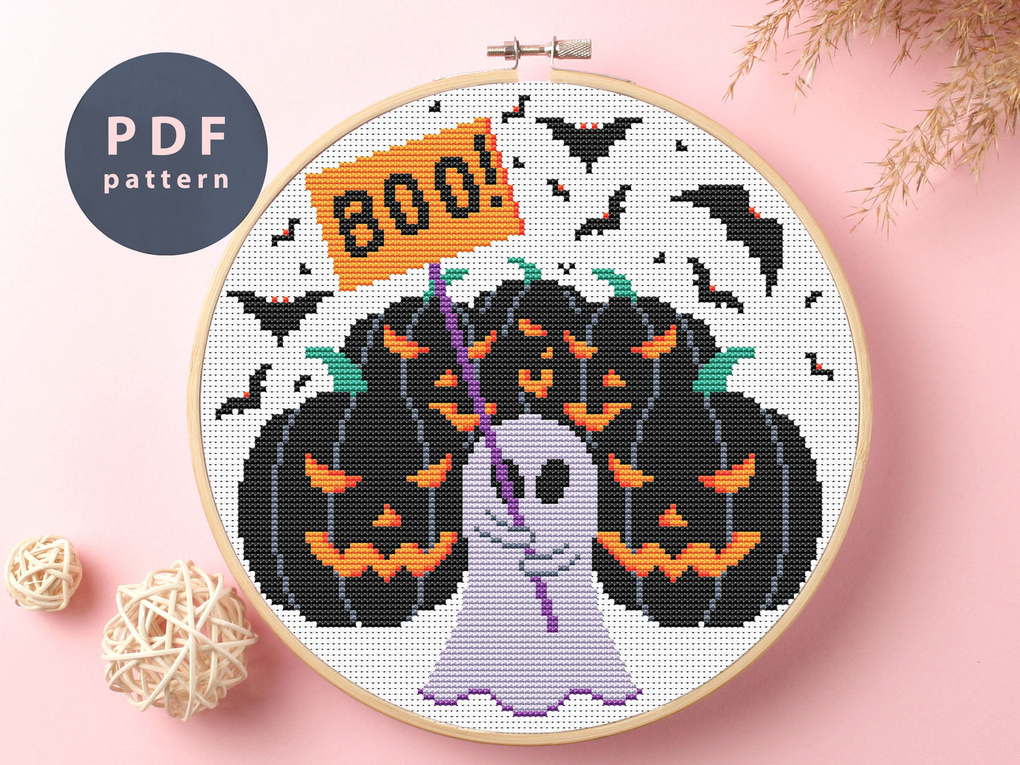 Halloween Jacks Cross Stitch Pattern: Ghost & Pumpkins (PDF Pattern)